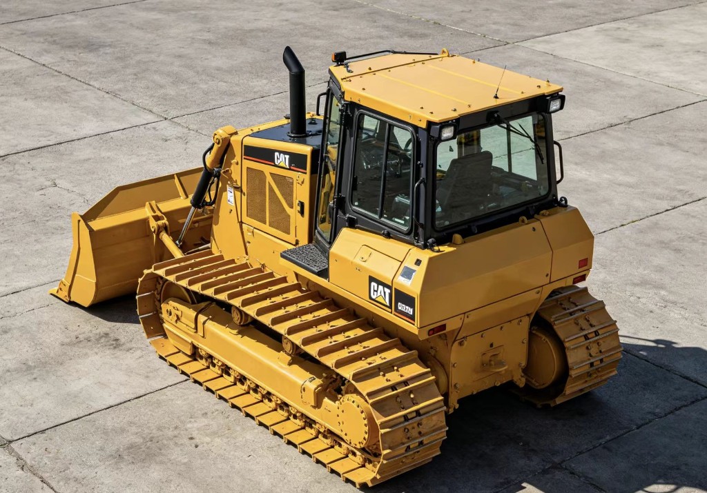 Caterpillar track-type machine with blade and crawlers on concrete