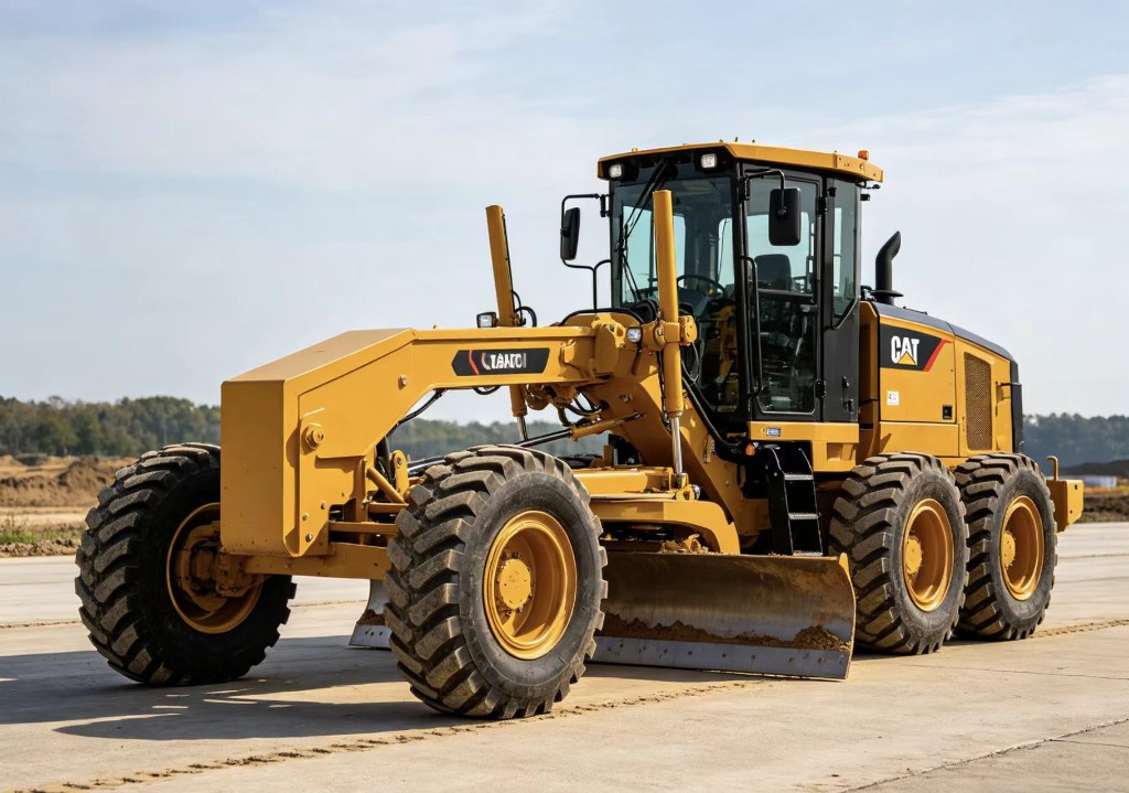 Caterpillar motor grader with moldboard on paved surface