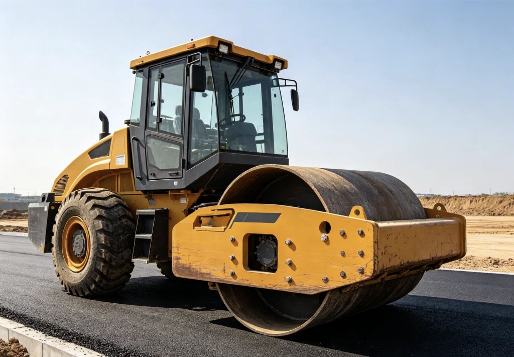Yellow vibratory road roller with smooth drum on fresh asphalt