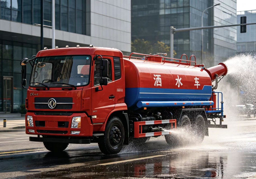 Red Dongfeng water sprinkler truck spraying on an urban street