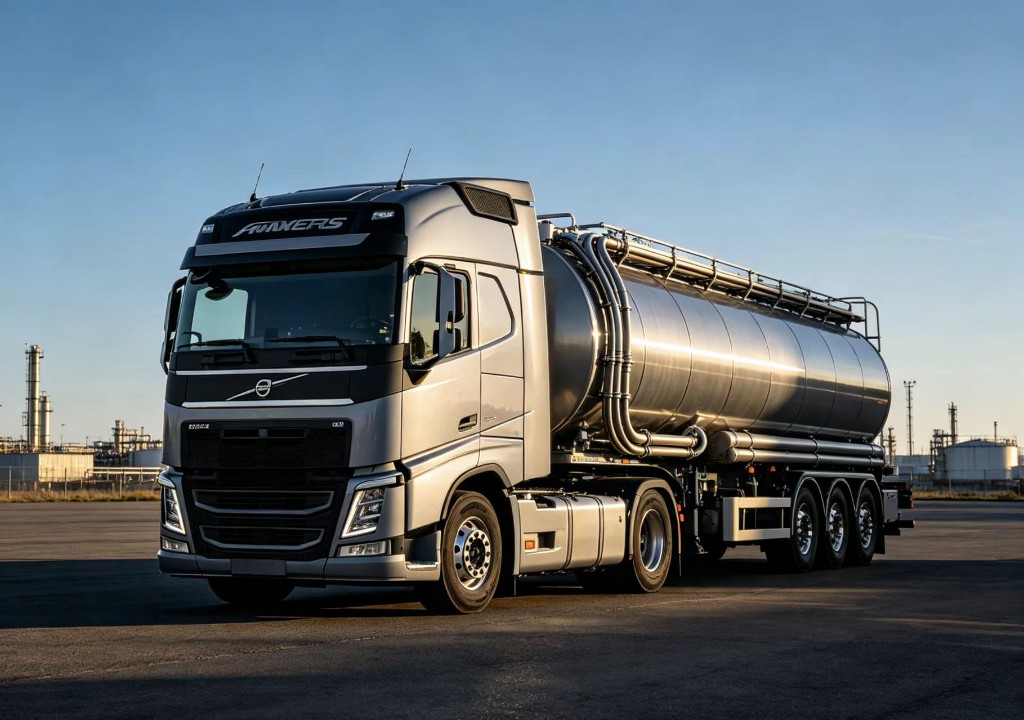 Volvo tractor with polished cylindrical tanker trailer at an industrial depot