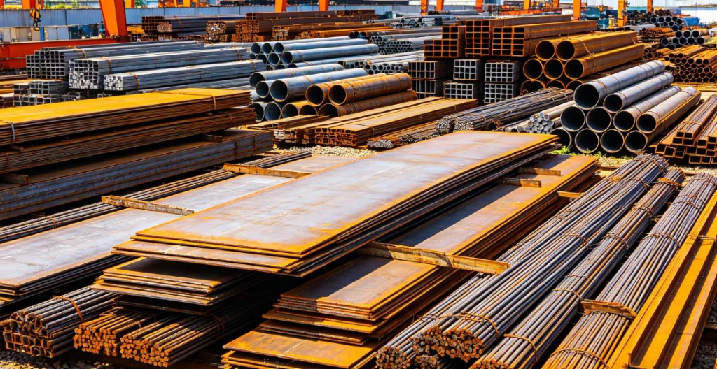 Steel plates, rebar, pipe, and sections in stockyard