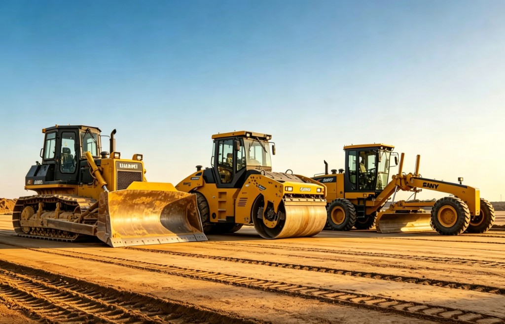 Bulldozer, vibratory roller, and motor grader on site