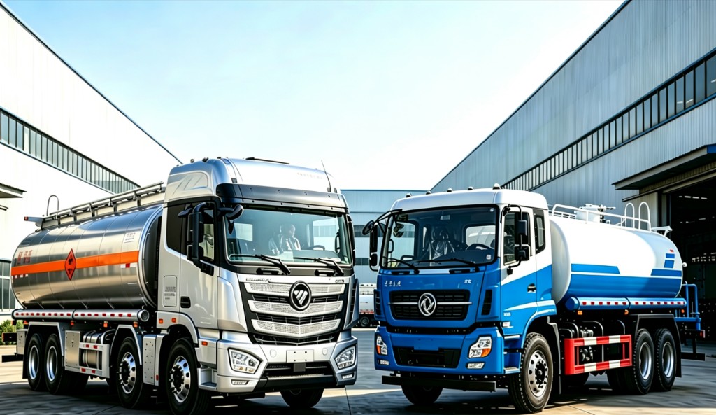 Foton fuel tanker and Dongfeng water sprinkler truck at an industrial yard