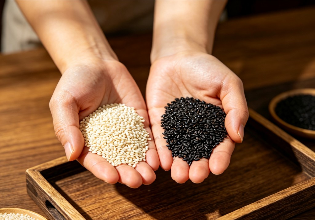 White and black sesame in cupped hands over wood