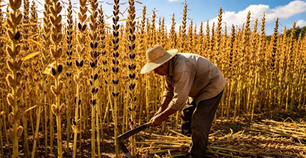 Farmer harvesting sesame in a golden field — origin discipline and crop quality