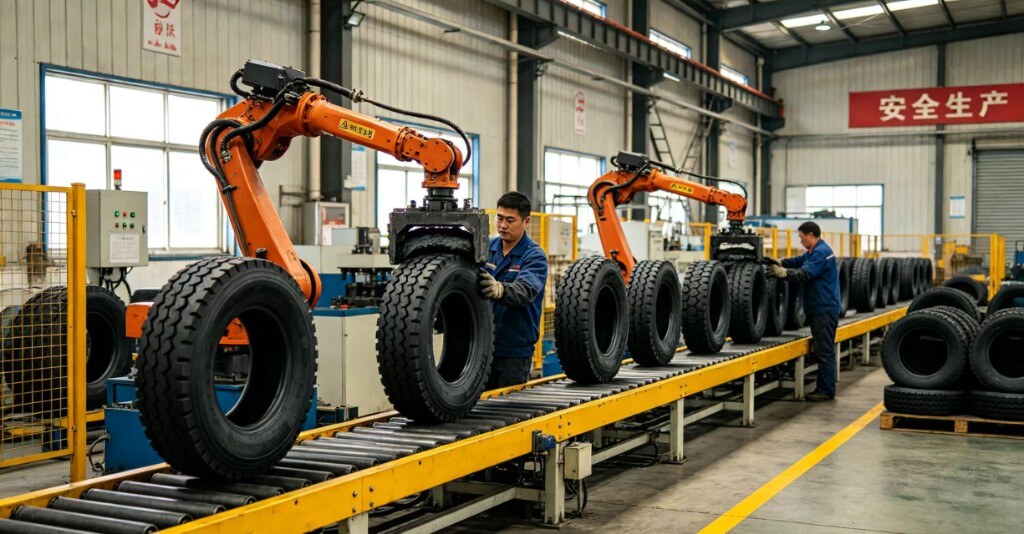 Automated tire manufacturing: robotic arms and conveyor line in a modern plant
